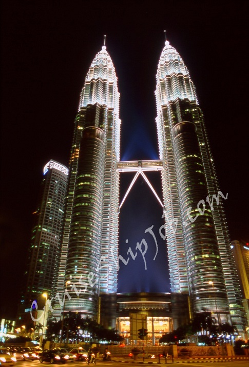 A night shot of Petronas Twin Towers in Kuala Lumpur taken by Cunard Line crew member.